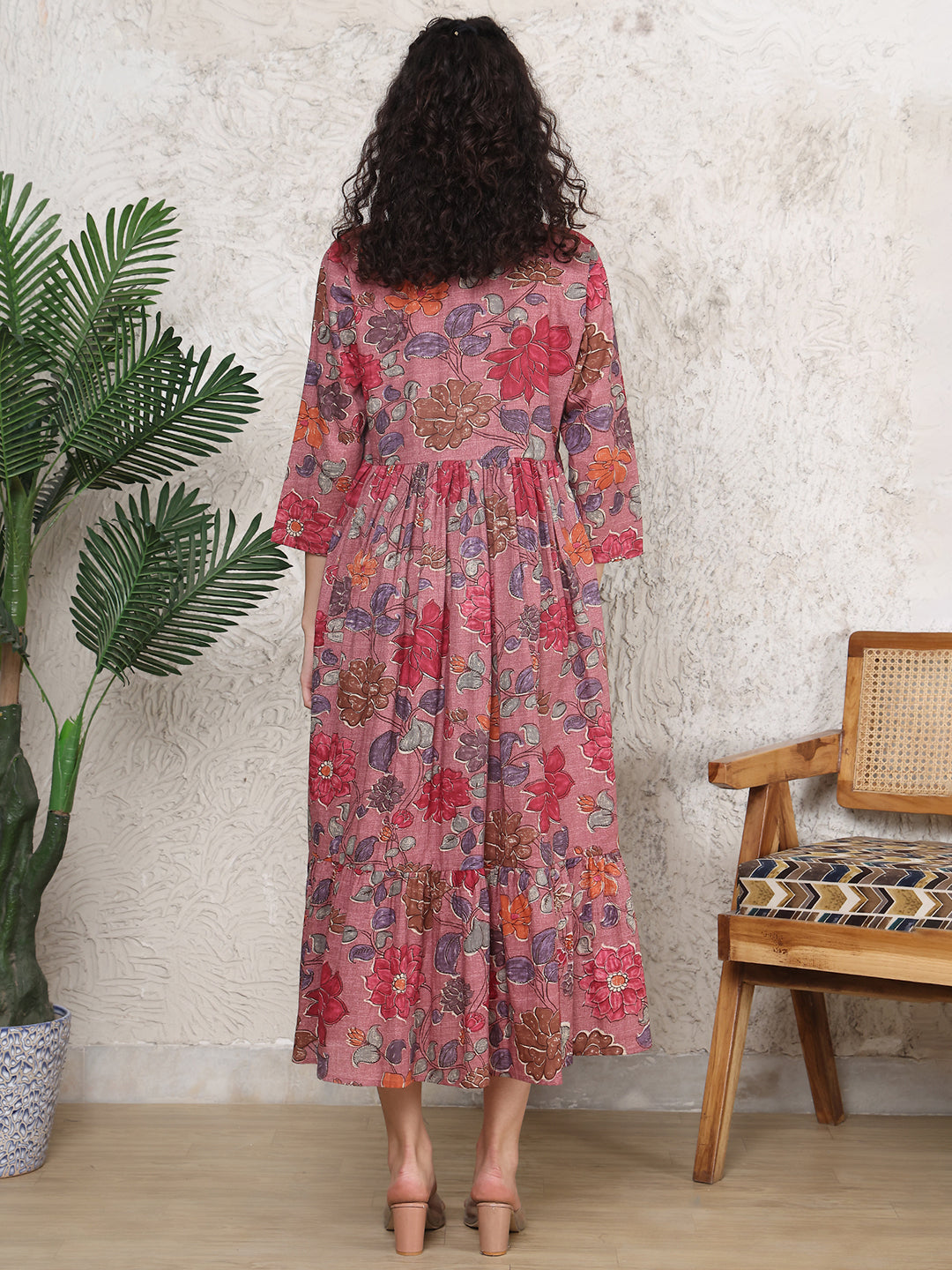 Aawari Dusty Rose Pink Floral Print Cotton Maternity Dresses with 3/4 Sleeves