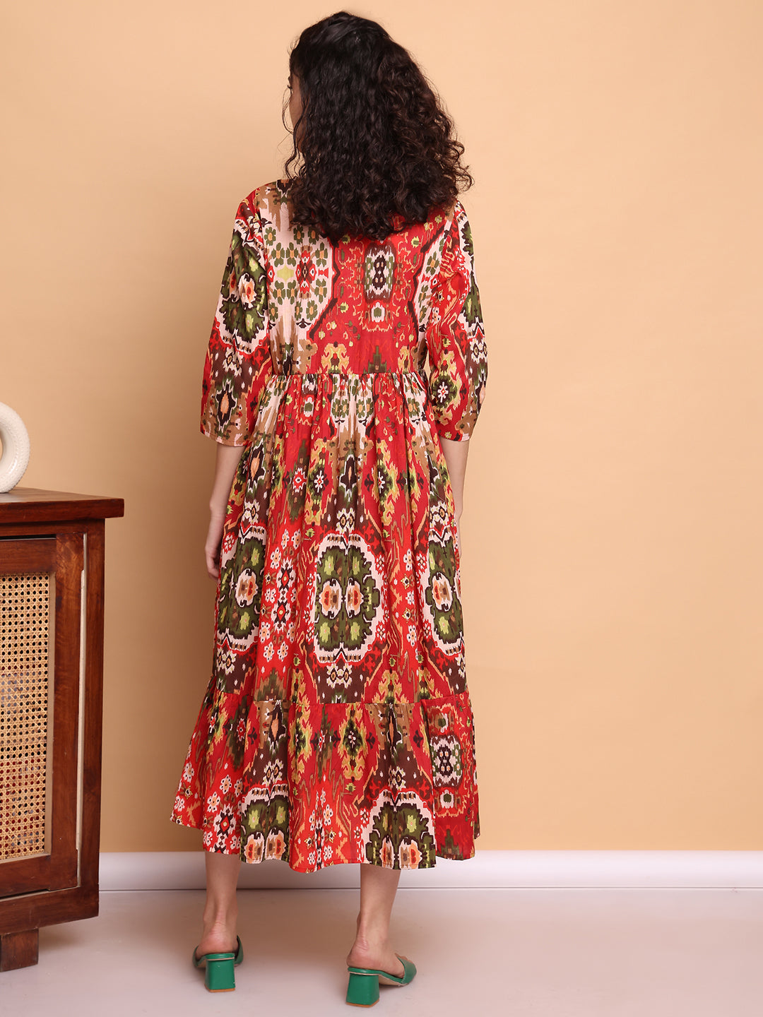 Aawari Red Ikat Printed Cotton Maternity Dresses with 3/4 Sleeves