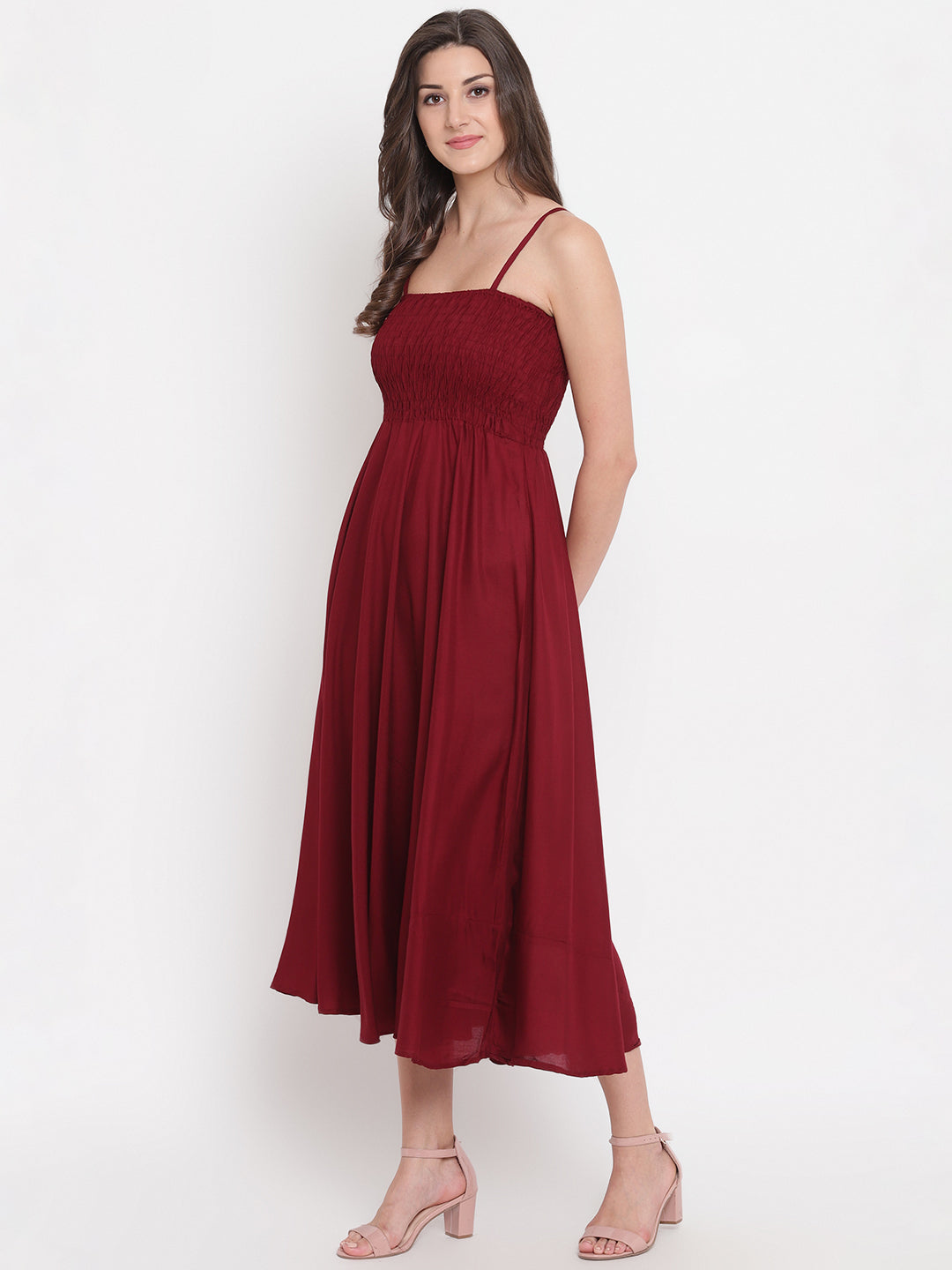 Wine Red Solid Rayon Flared Maxi Dress with Smocked Bodice & Spaghetti Straps - Western Wear