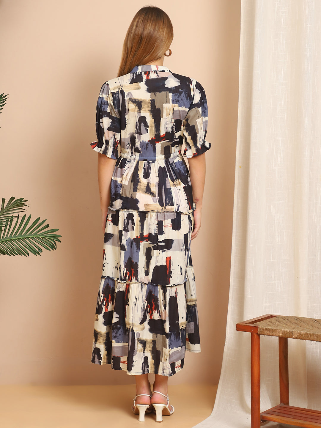 Aawari Abstract Print Black & Beige Cotton Tiered Maxi Dress - Dresses / Western Wear / Maxi Dresses