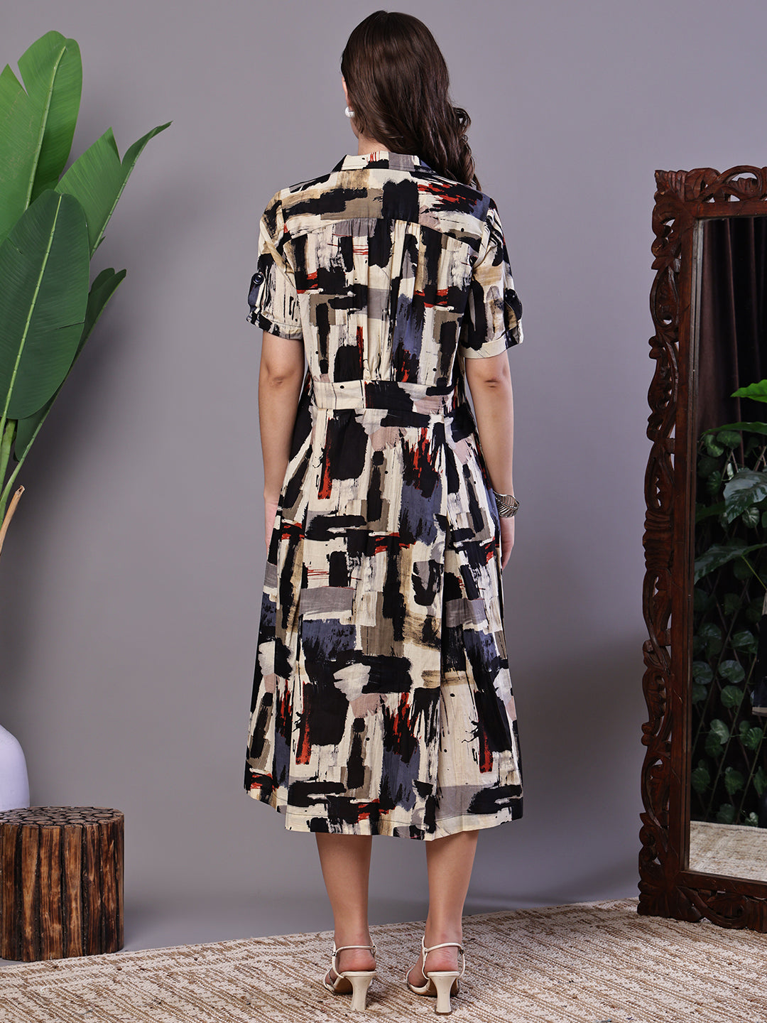 Aawari Beige & Black  Abstract Print Cotton Shirt Dress - Midi Dresses  / Western Wear / Dresses