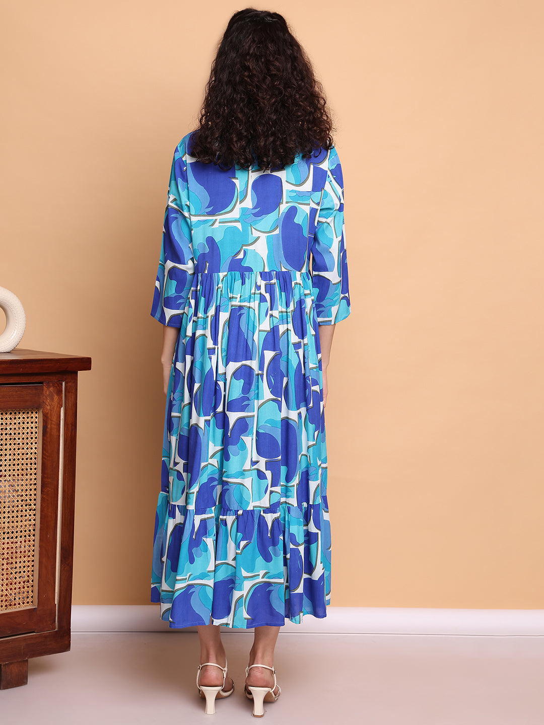 Aawari Blue Abstract Printed Cotton Maternity Dresses with 3/4 Sleeves