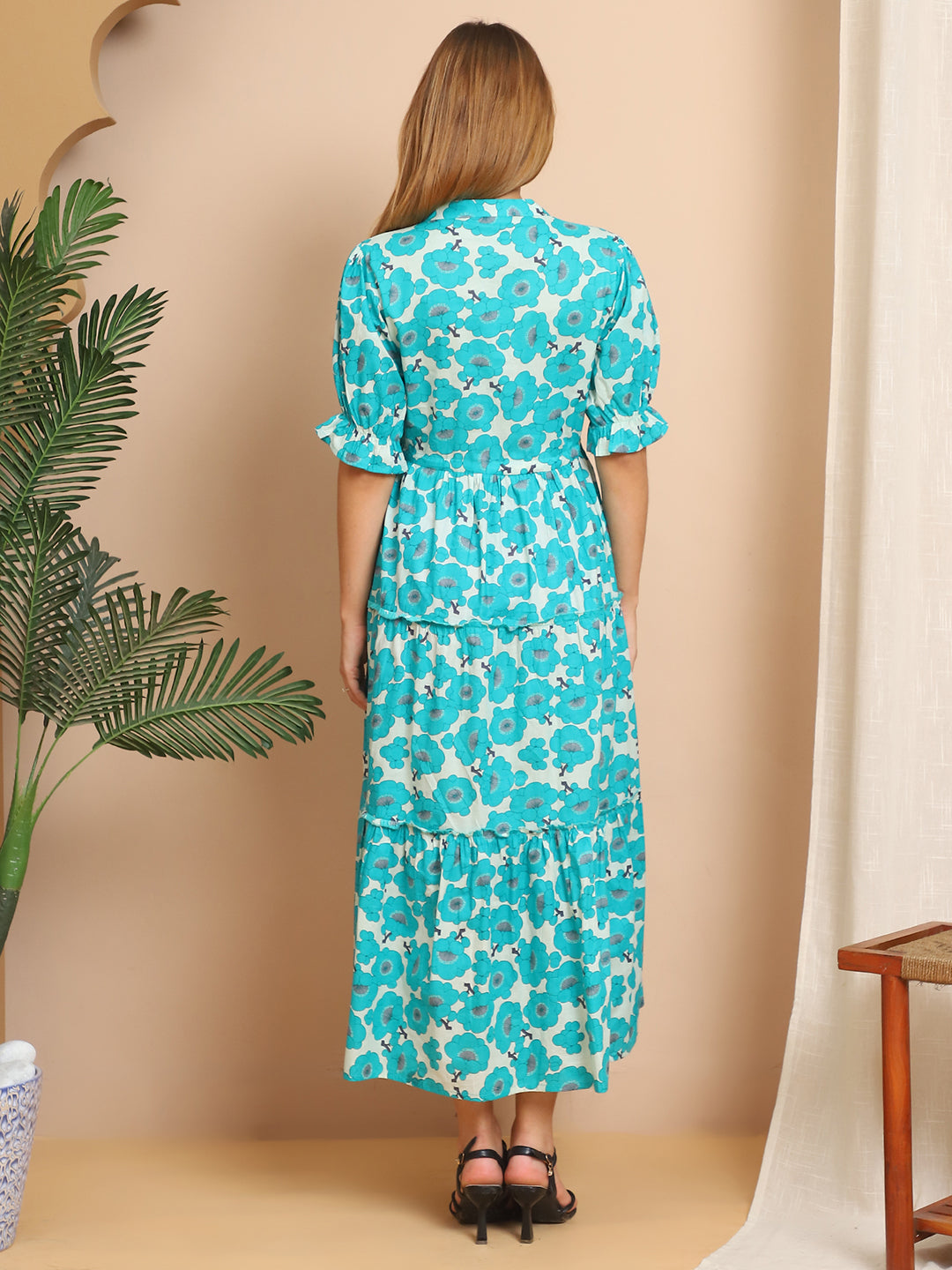 Aawari Turquoise Blue Floral Cotton Tiered Maxi Dress - Dresses / Western Wear / Maxi Dresses