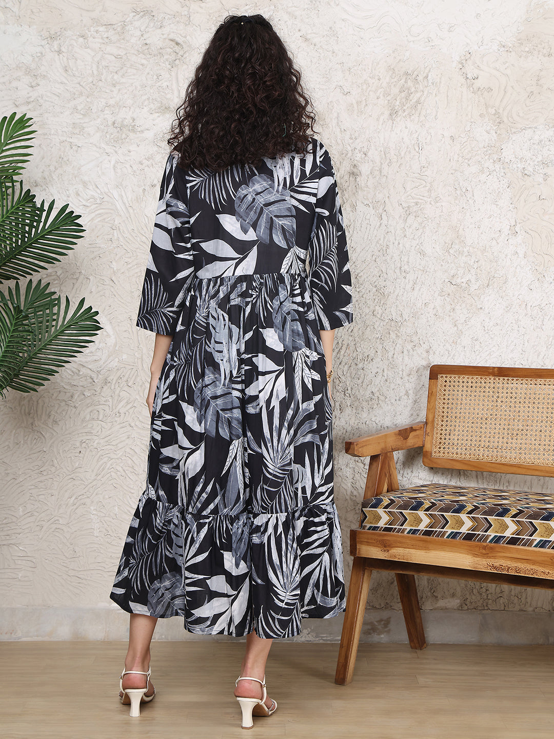 Aawari Black & Grey Leaf Print Cotton Maternity Dresses with Tiered Hem