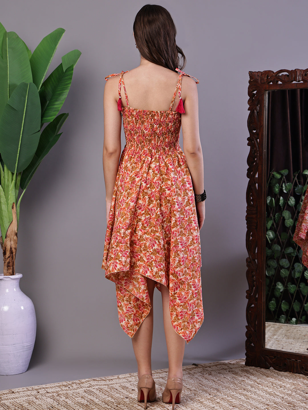 Aawari Peach Floral Handkerchief Hem Cotton Dress - Midi Dresses / Western Wear