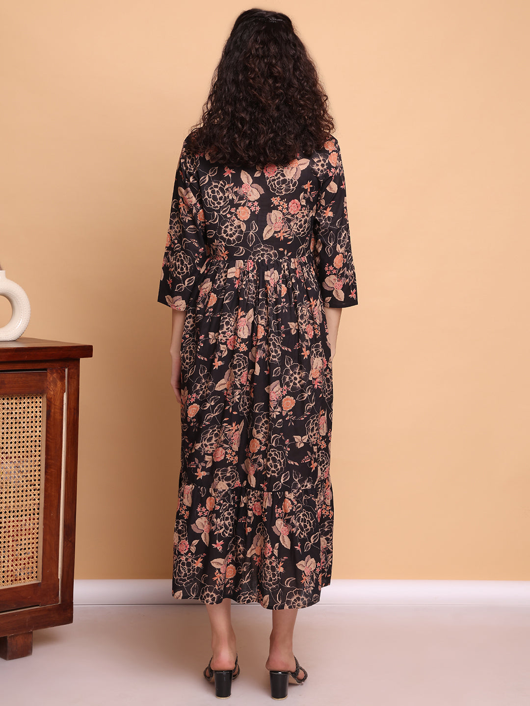 Aawari Black Floral Printed Cotton Maternity Dresses with 3/4 Sleeves