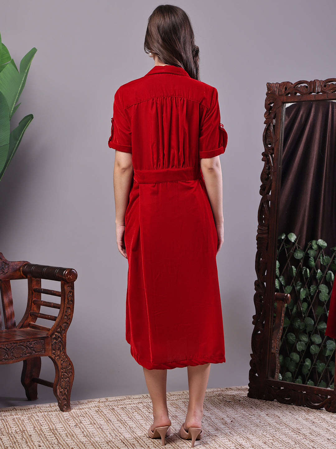 Aawari Red Velvet Shirt Style Midi Dress with Belt - Midi Dresses / Western Wear / Dresses