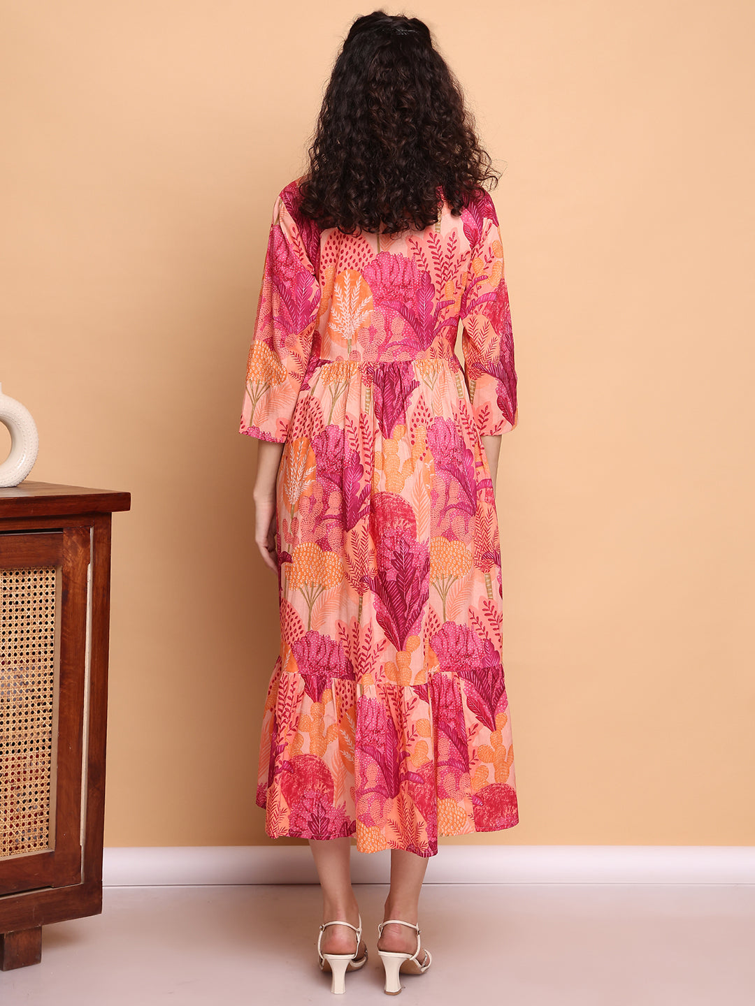 Aawari Peach & Pink Leaf Print Cotton Maternity Dresses with Tiered Hem