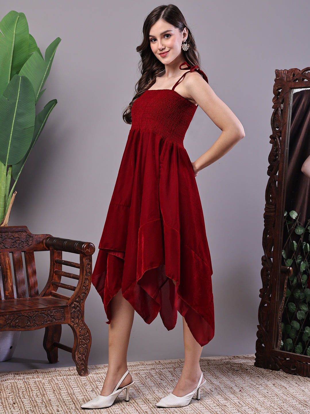 Aawari Junglee Velvet Maroon Handkerchief Hem Dress - Midi Dresses / Western Wear