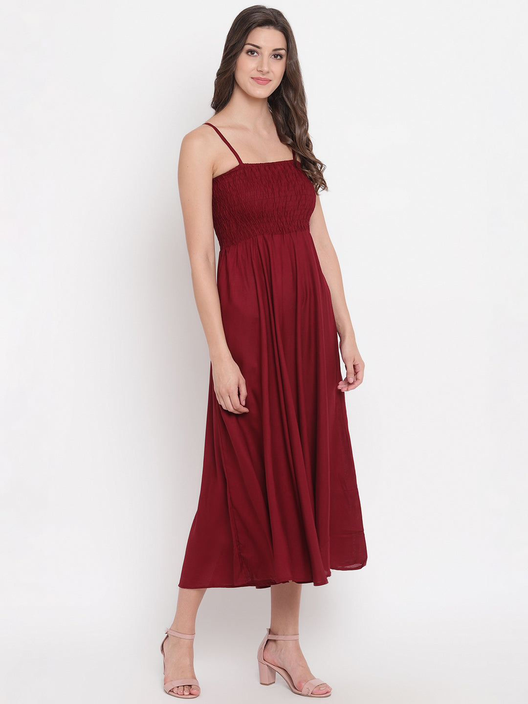 Wine Red Solid Rayon Flared Maxi Dress with Smocked Bodice & Spaghetti Straps - Western Wear