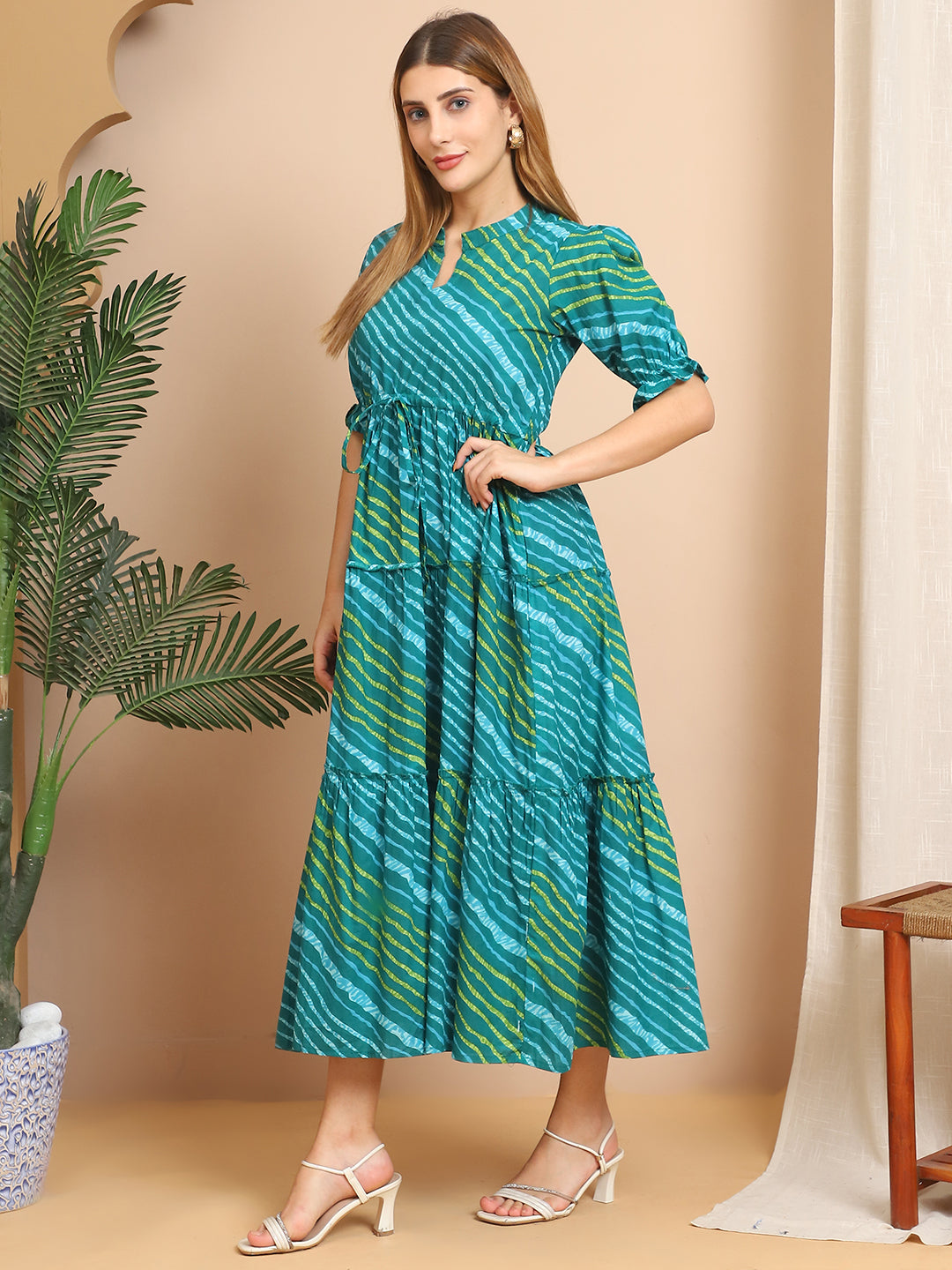 Aawari Teal & Green Striped Cotton Tiered Maxi Dress - Dresses / Western Wear / Maxi Dresses