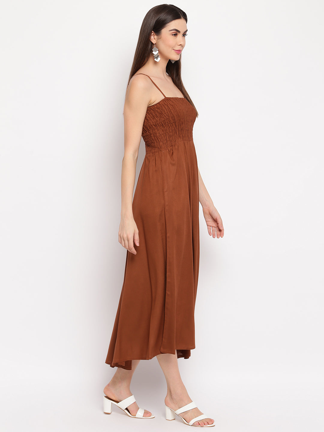 Rust Brown Solid Rayon Flared Maxi Dress with Spaghetti Straps - Western Wear