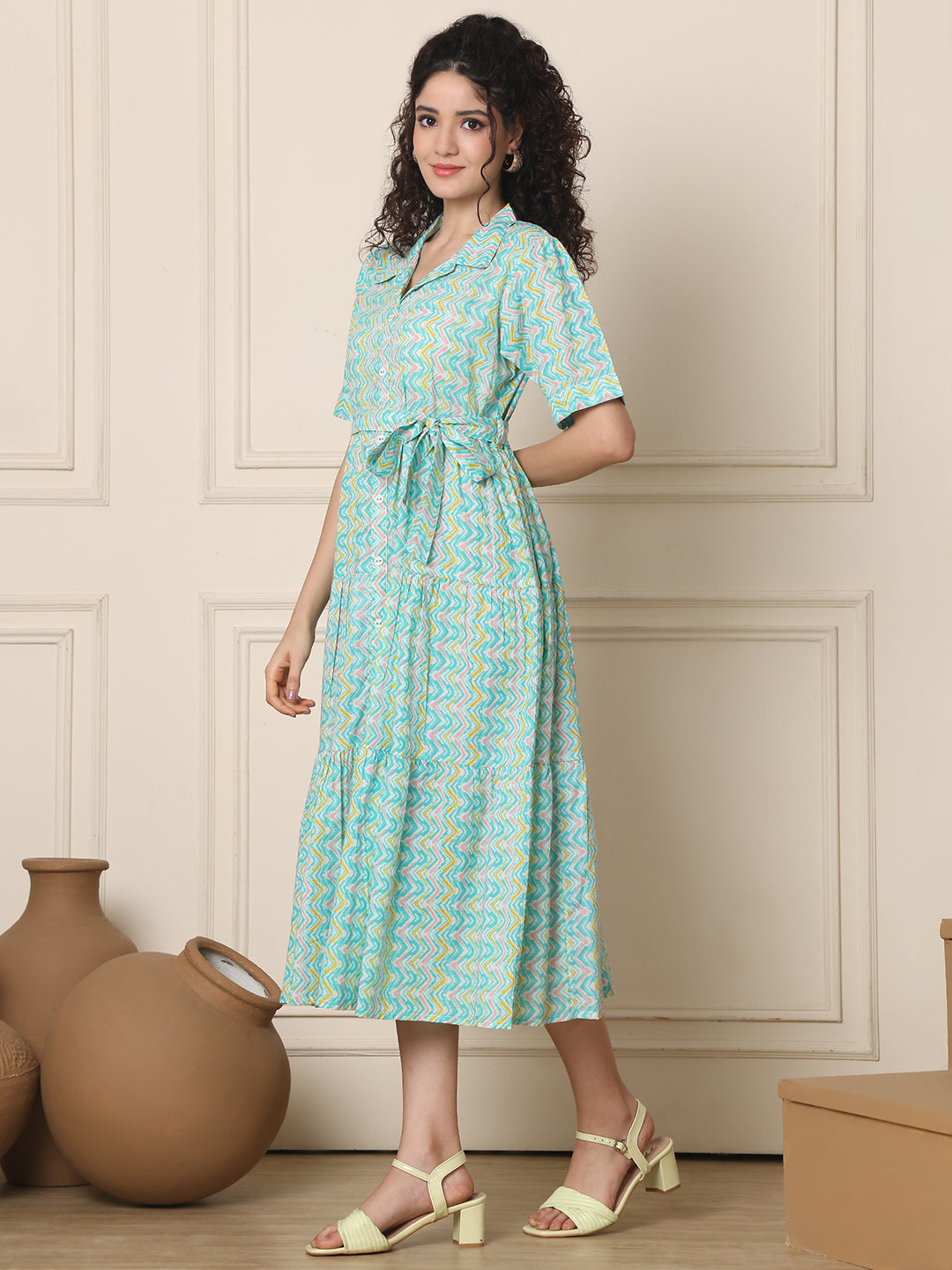 Aawari Aqua Blue ZigZag Print Shirt Dresses With Waist Belt / Western Wear