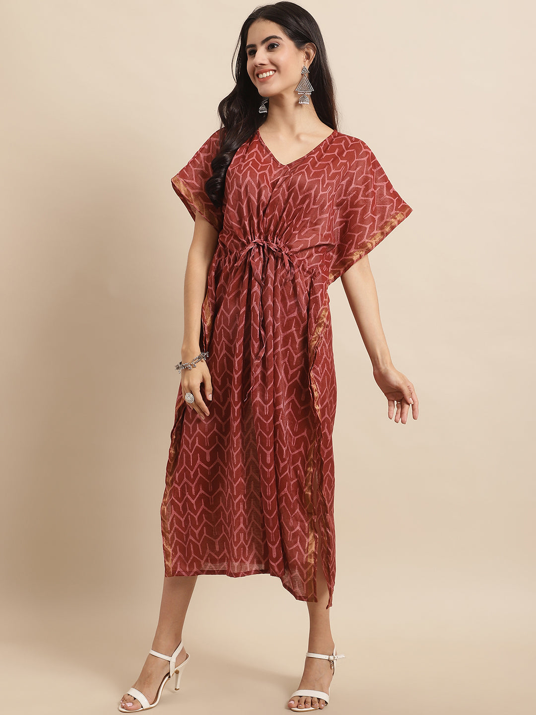 Aawari Maroon Chanderi Printed Kaftaan Dress with Drawstring Waist