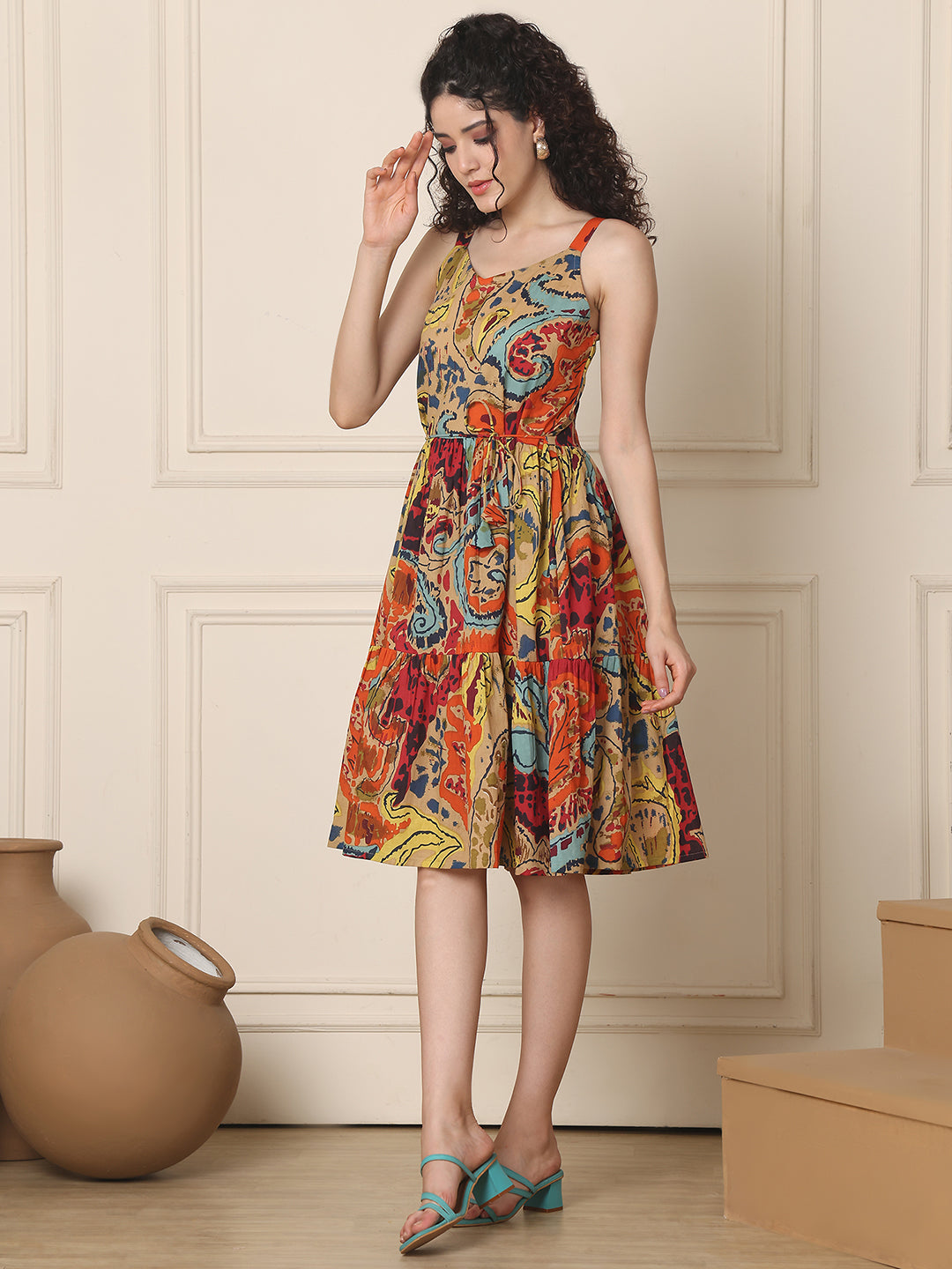Aawari Cotton Printed Eye Catching Short Dress - Midi Dresses / Western Wear