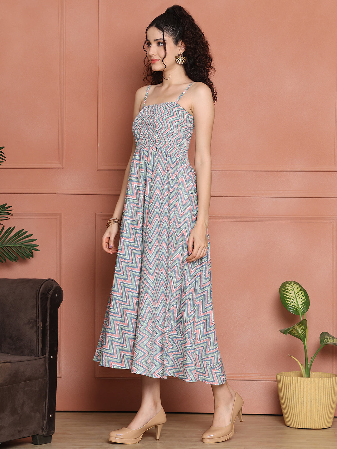 Aawari Cotton Unique Printed Spaghetti Strap Dress - Western Wear