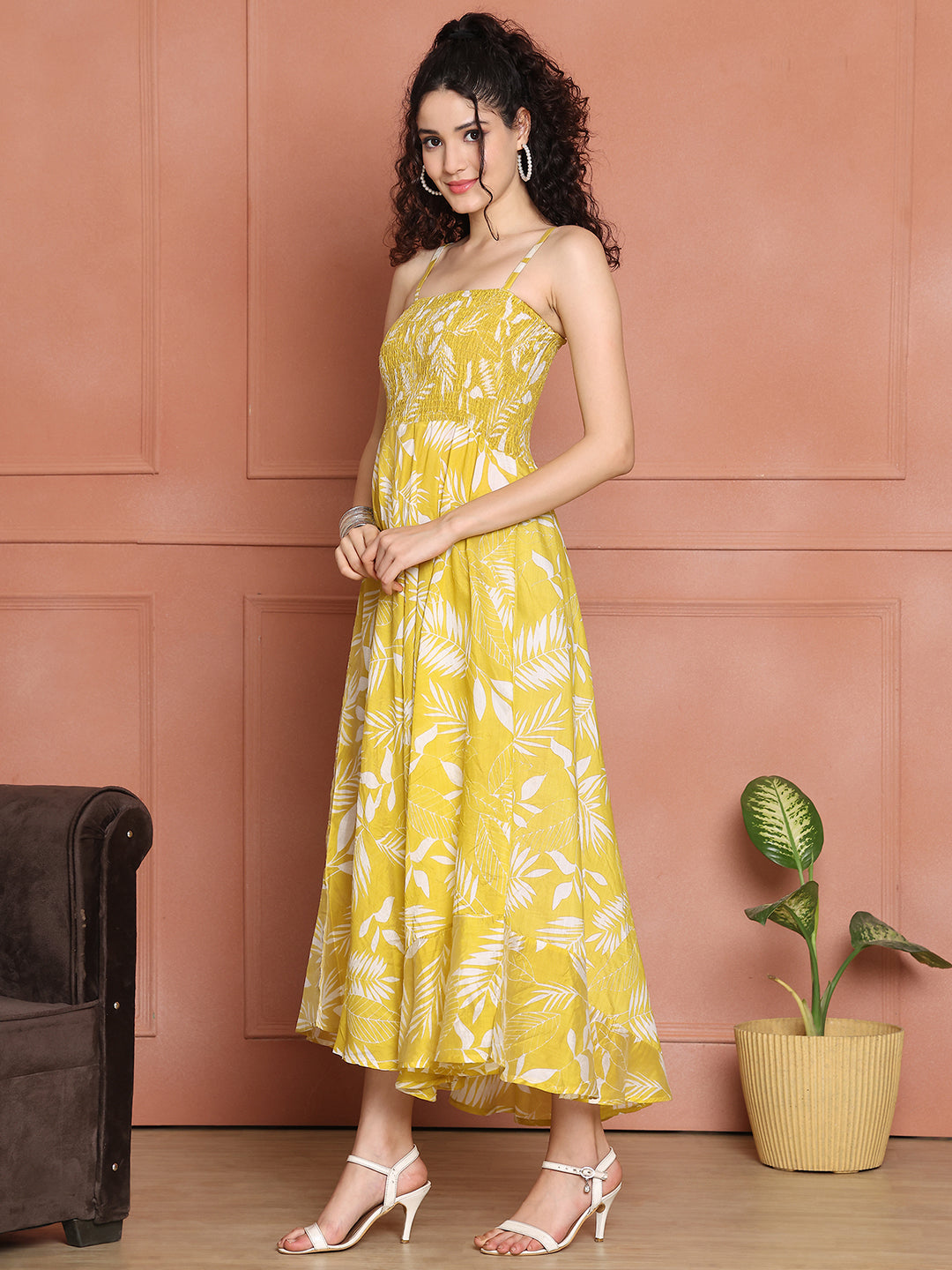 Aawari Cotton Unique Printed Spaghetti Strap Dress - Western Wear
