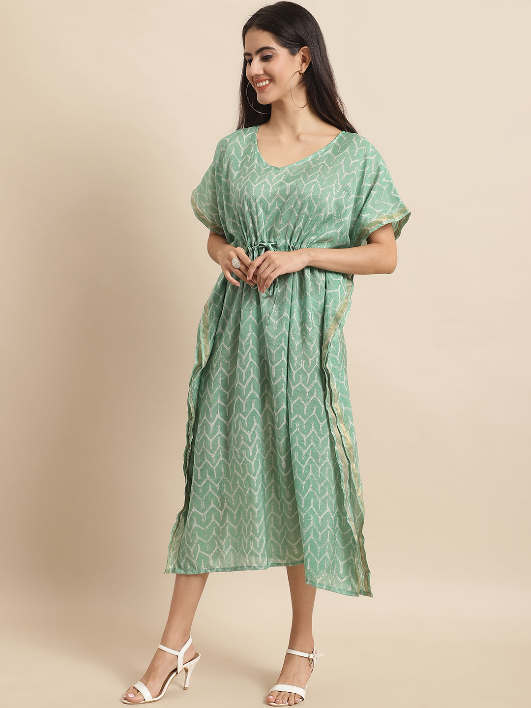 Aawari Women's Mint Green Chanderi Printed Kaftaan Dress with Drawstring Waist