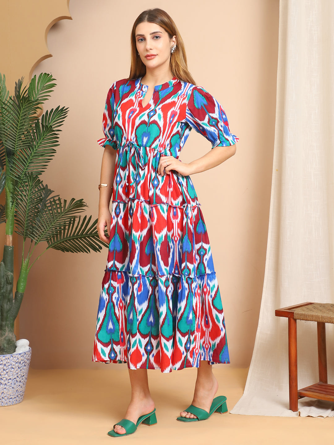 Aawari Boho Ikat Print Cotton Dresses with Puff Sleeves / Maxi Dresses / Western Wear
