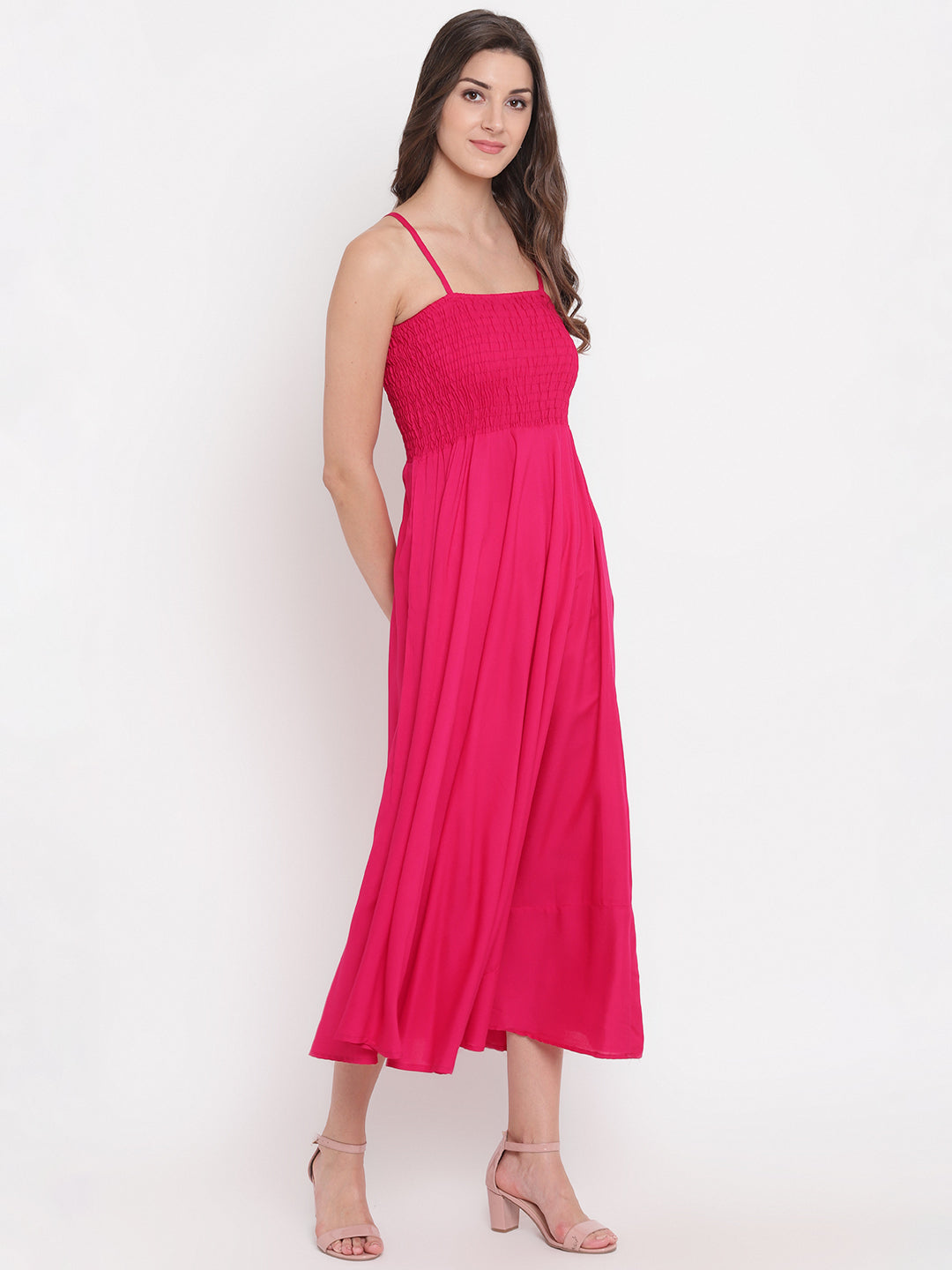 Hot Pink Solid Smocked Flared Rayon Maxi Dress for Women -  Western Wear