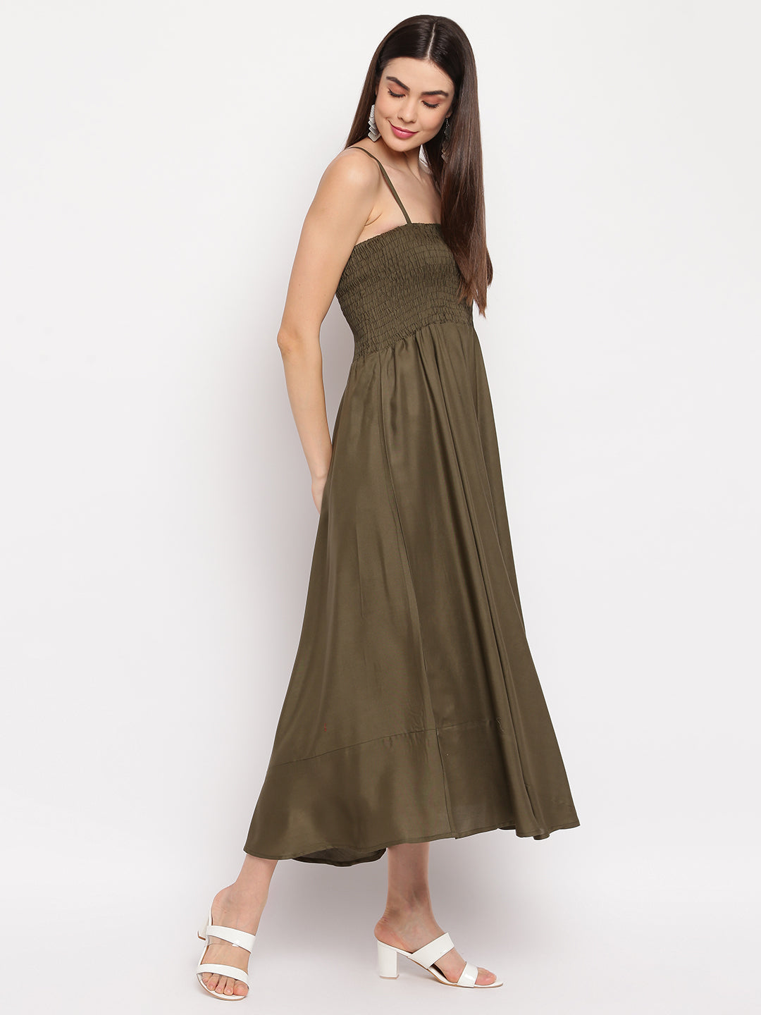 Mocha Brown Solid Rayon Flared Maxi Dress with Smocked Bodice & Spaghetti Straps - Western Wear