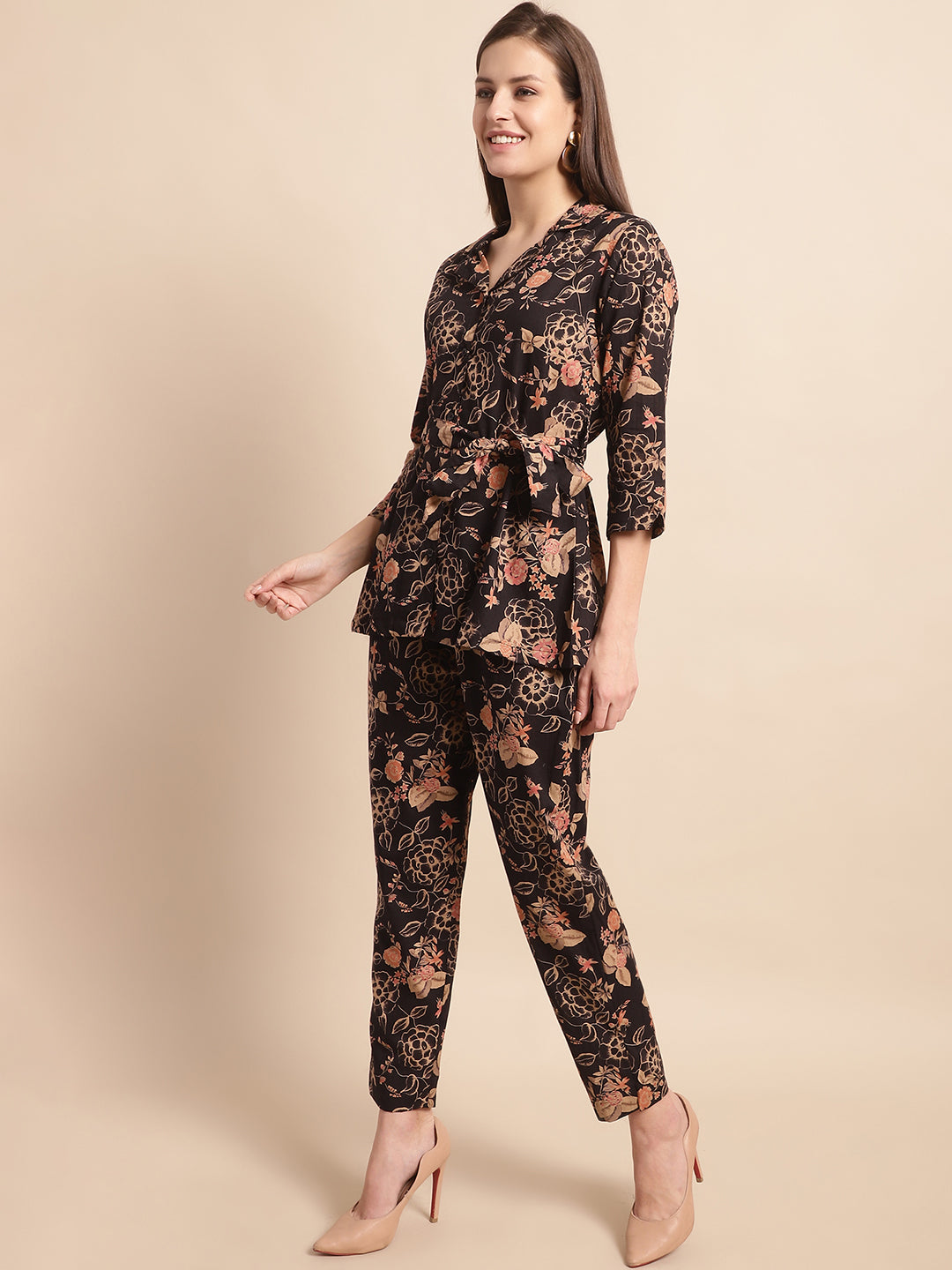 Aawari Women's Black & Beige Floral Printed Cotton Wrap-Style Co-ord Set - Co-ord Sets / Western Wear