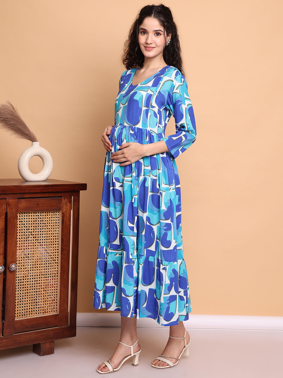 Aawari Blue Abstract Printed Cotton Maternity Dresses with 3/4 Sleeves