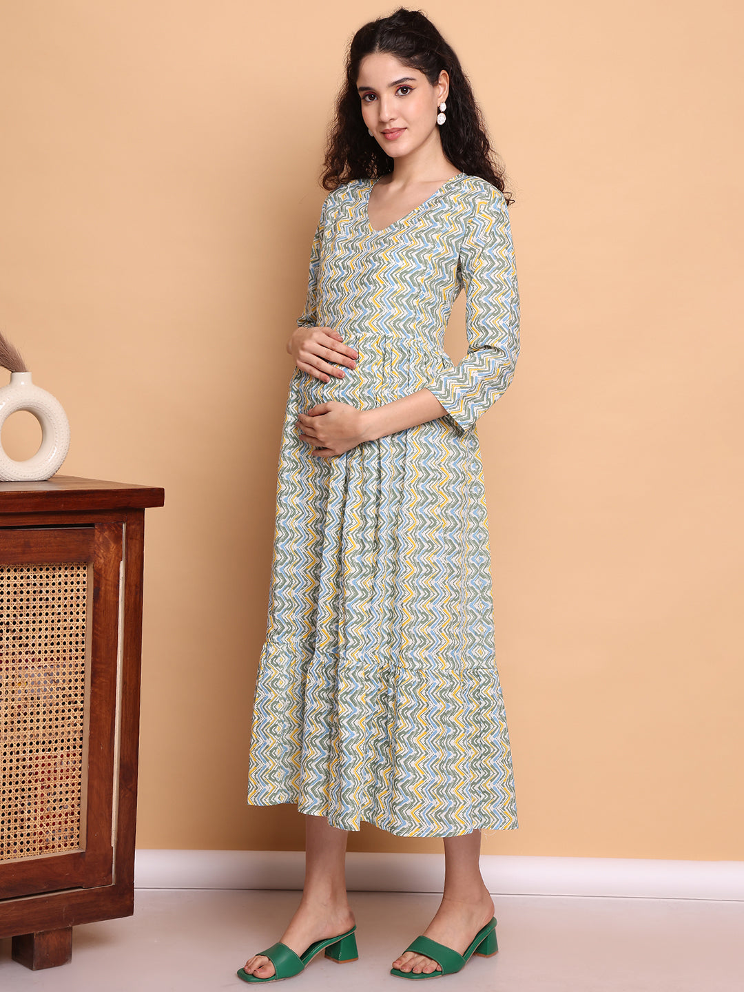 Aawari ZigZag Print Cotton Maternity Dresses with 3/4 Sleeves