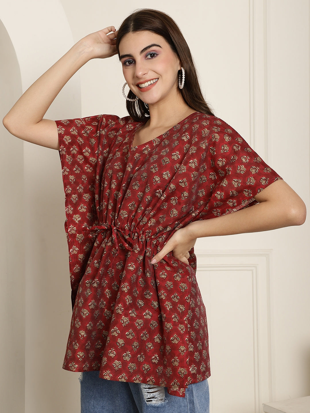 Aawari Maroon Handblock Printed Chanderi Short Kaftaan Top with Drawstring