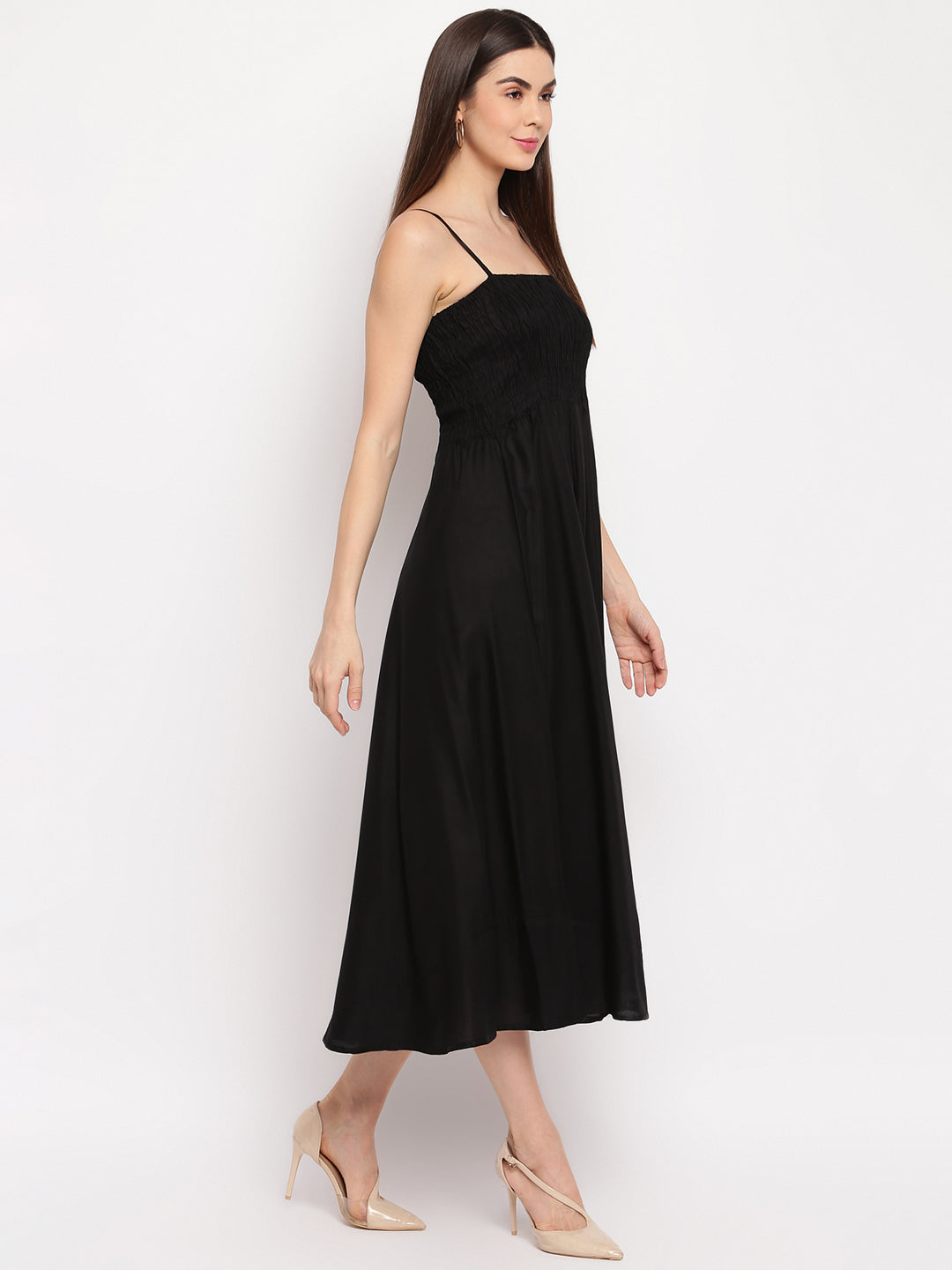 Black Rayon Smocked Midi Dress - Elegant Sleeveless A-Line Western Wear Outfit