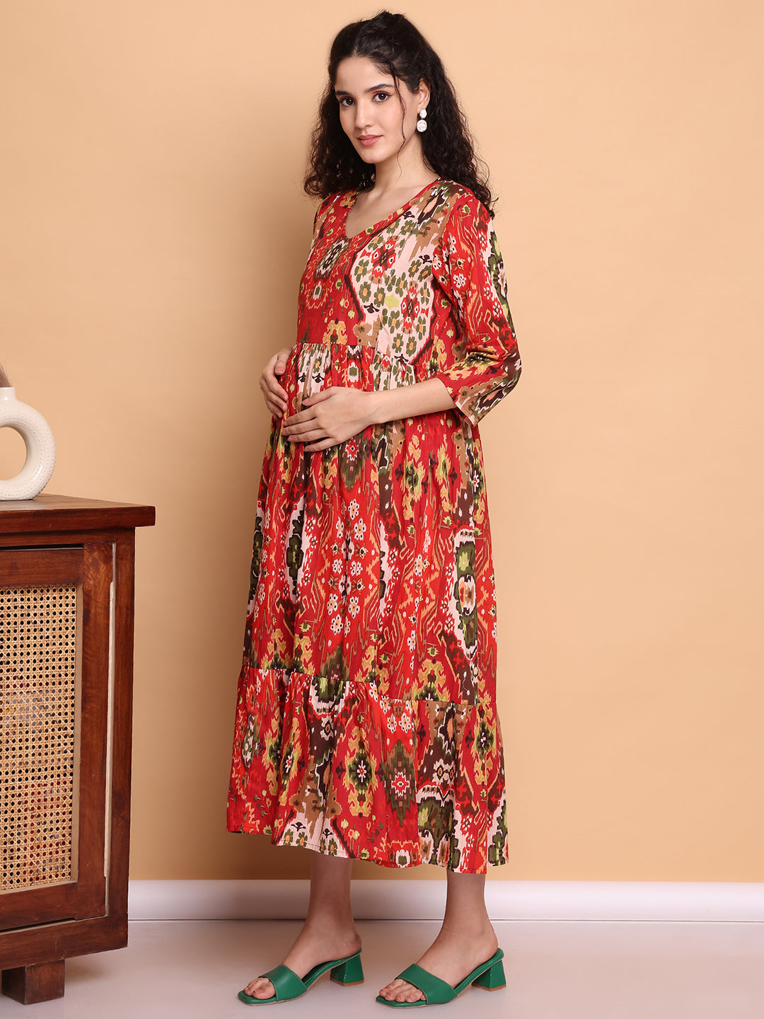 Aawari Red Ikat Printed Cotton Maternity Dresses with 3/4 Sleeves
