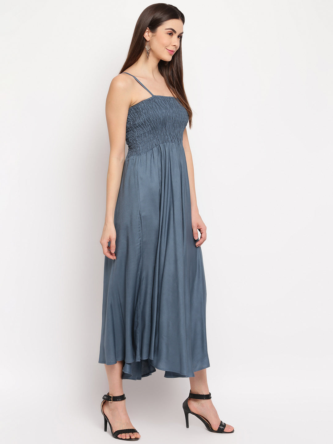 Dusty Blue Solid Rayon Flared Maxi Dress with Smocked Bodice & Spaghetti Straps - Western Wear