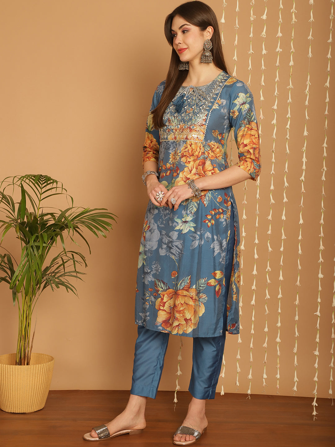 Aawari Women Chanderi Printed Three Piece Suit Sets