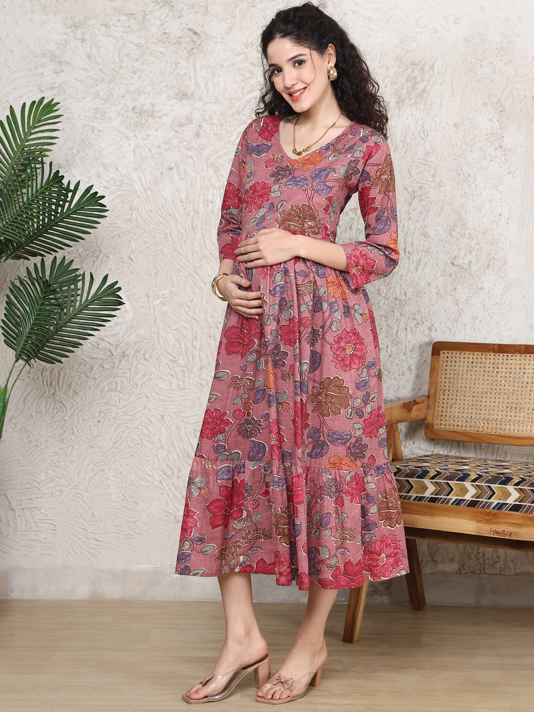 Aawari Dusty Rose Pink Floral Print Cotton Maternity Dresses with 3/4 Sleeves