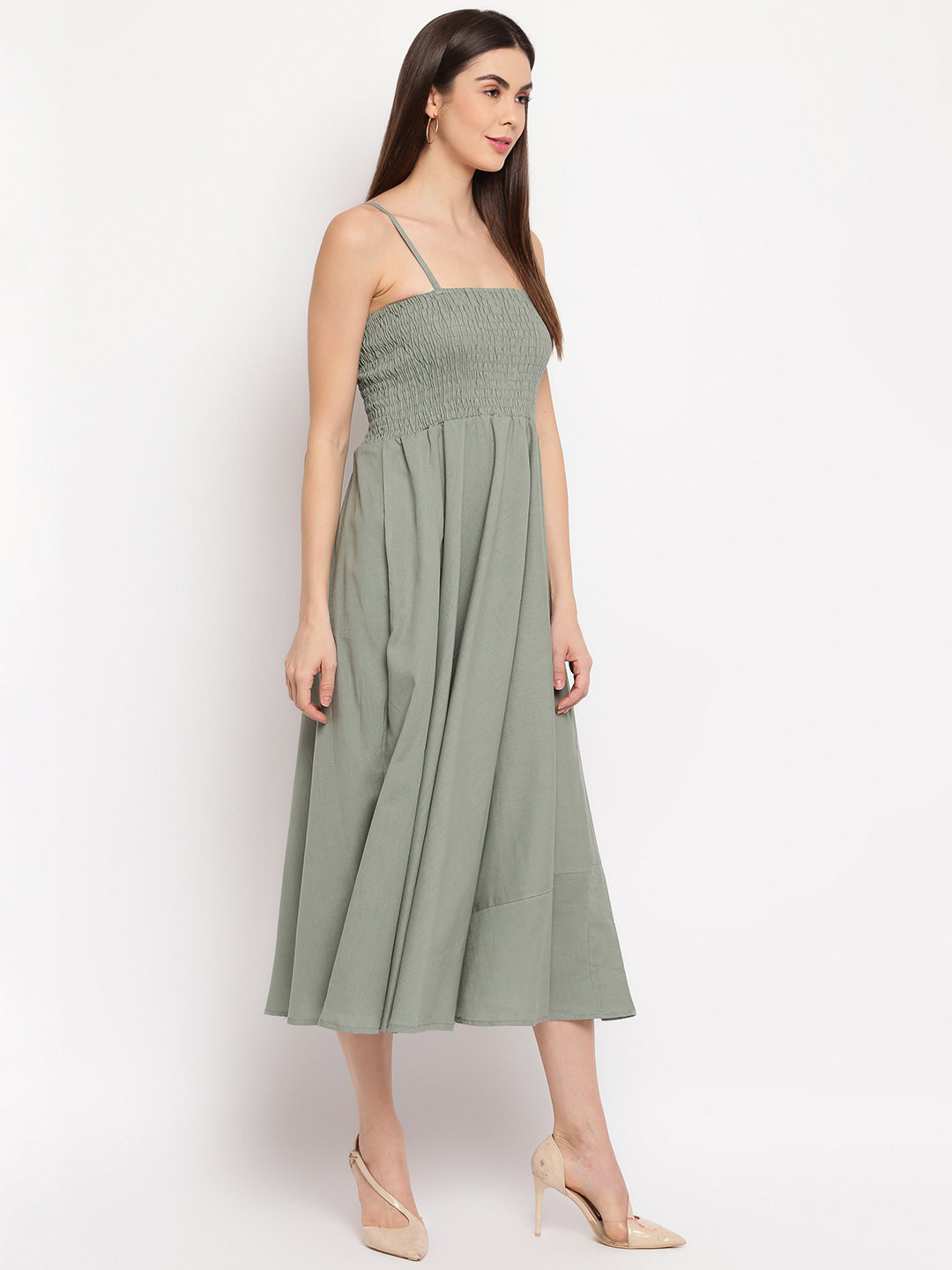 Dusty Olive Green Smocked Flared Rayon Maxi Dress for Women -  Western Wear