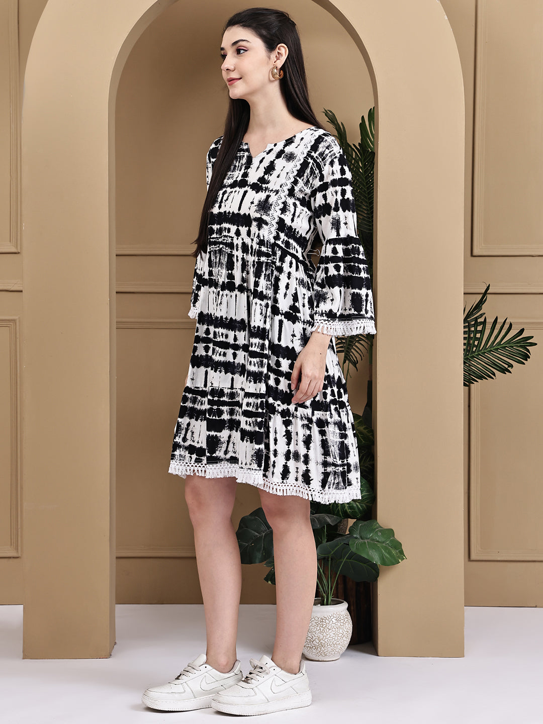 Aawari Rayon Tie & Dye Black And White Short Dress - Midi Dresses / Western Wear