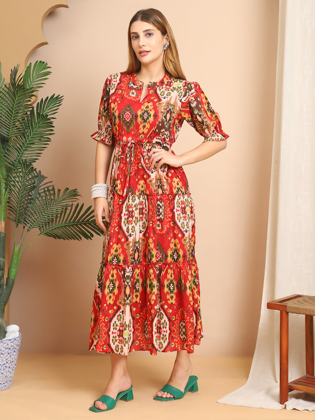 Aawari Red & Multi-Color Tribal Print Tiered Maxi Dress - Dresses / Western Wear / Maxi Dresses