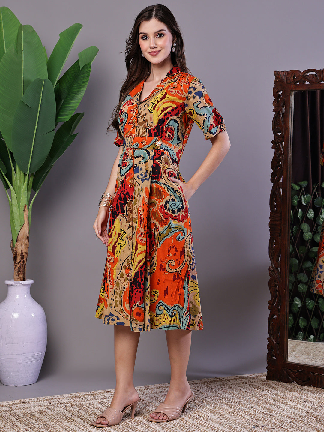 Aawari Bohemian Chic Multi-Color Paisley Print Cotton Collared Midi Dress  - Midi Dresses / Western Wear / Dresses