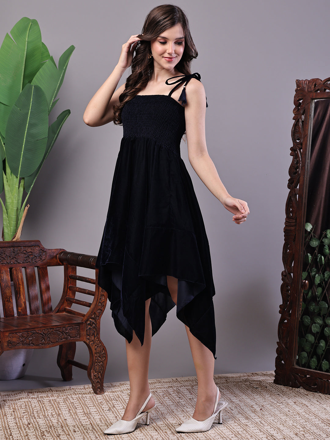 Aawari Junglee Black Velvet Party Midi Dress with Asymmetrical Hemline Midi Dresses / Western Wear
