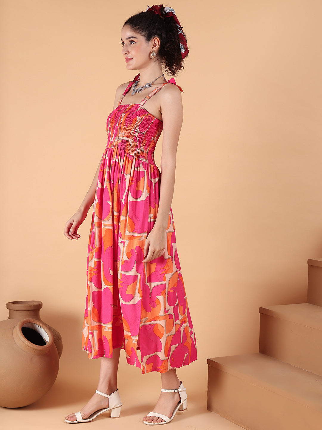 Aawari Pink & Orange Abstract Print Smocked Rayon Midi Dress - Women's Western Wear