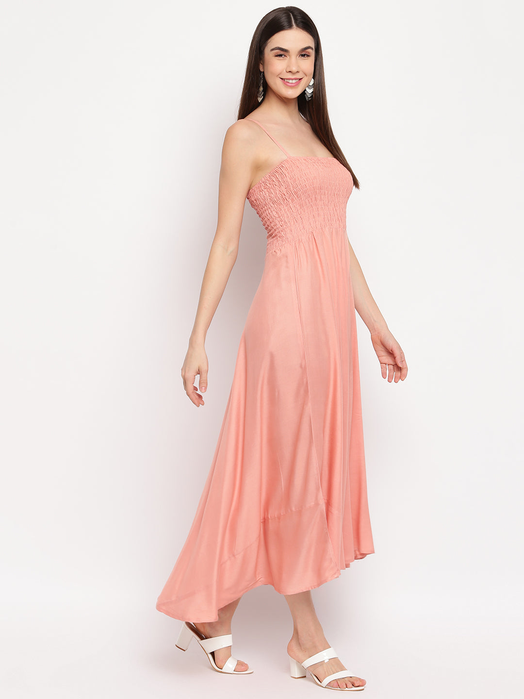 Peach Solid Smocked Flared Rayon Maxi Dress for Women -  Western Wear