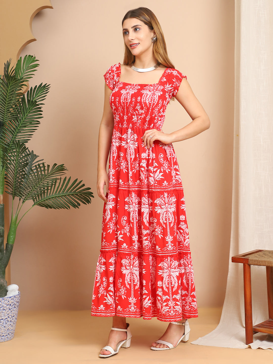 Aawari Tangerine Floral Block Print Rayon Maxi Dresses / Dresses / Western Wear