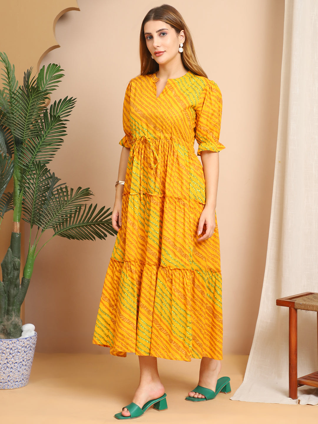 Aawari Yellow & Green Striped Cotton Tiered Maxi Dress - Dresses / Maxi Dresses / Western Wear