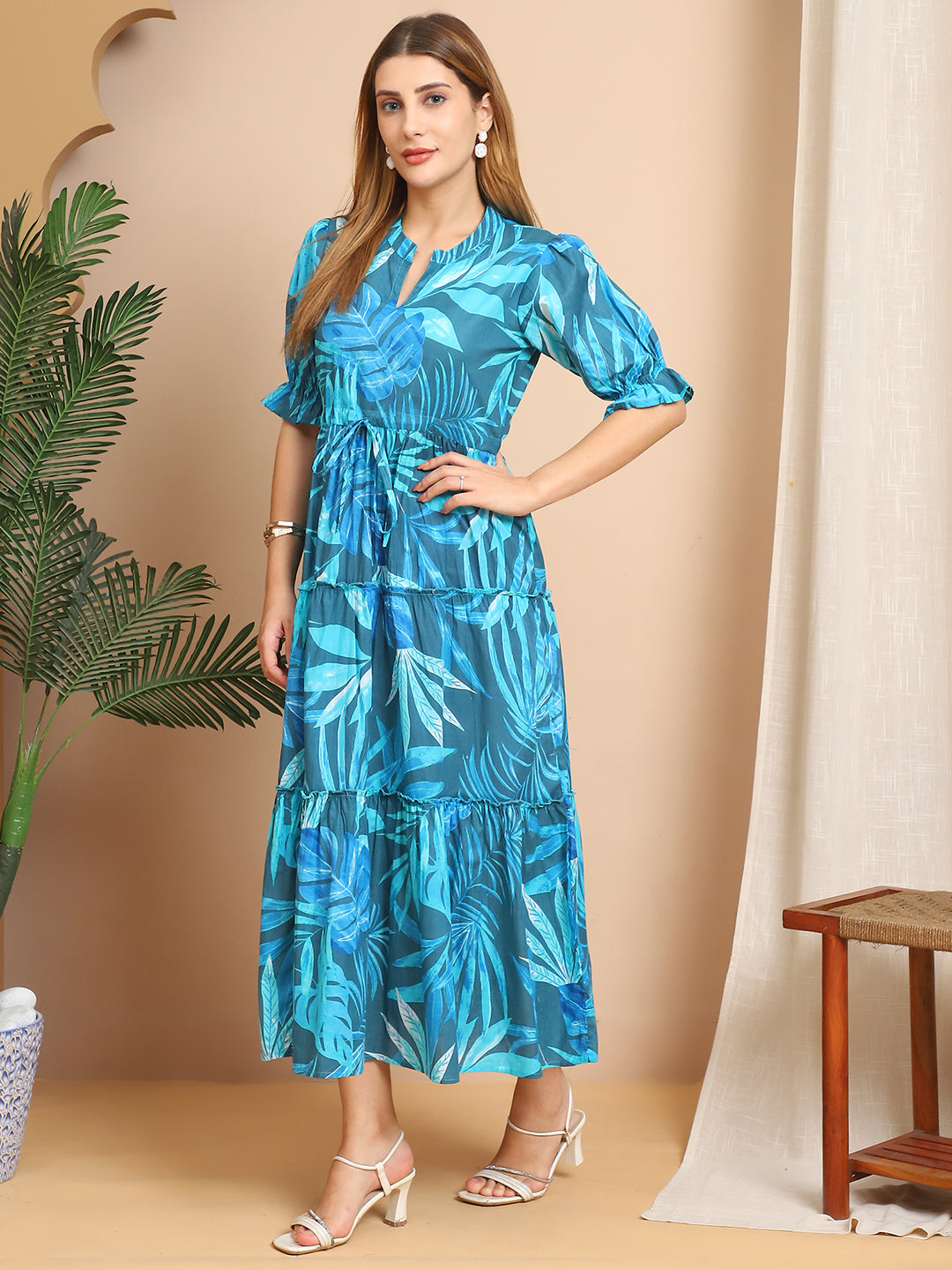 Aawari Turquoise Blue Leaf Print Tiered Maxi Dress with Puff Sleeves - Dresses / Western Wear / Maxi Dresses