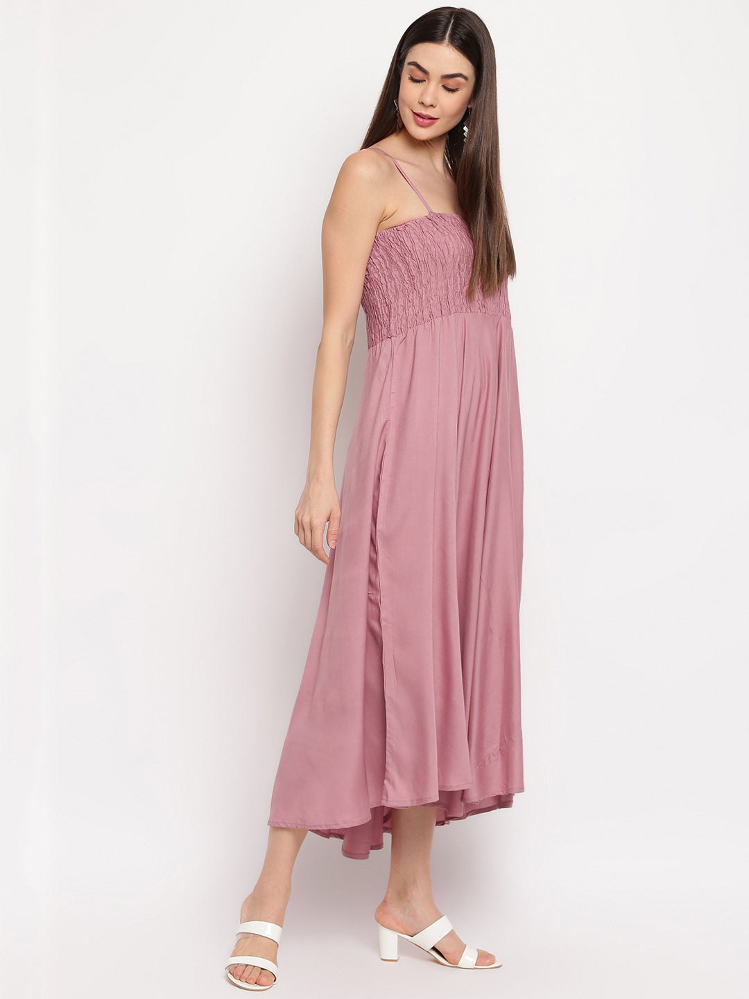 Dusty Rose Smocked Flared Maxi Dress for Women - Western Wear