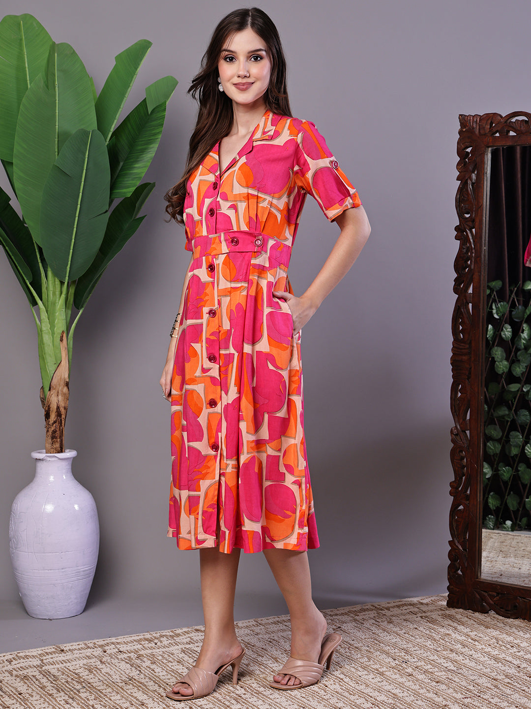 Aawari Pink & Orange Abstract Print Cotton Shirt Dress - Midi Dresses / Western Wear / Dresses