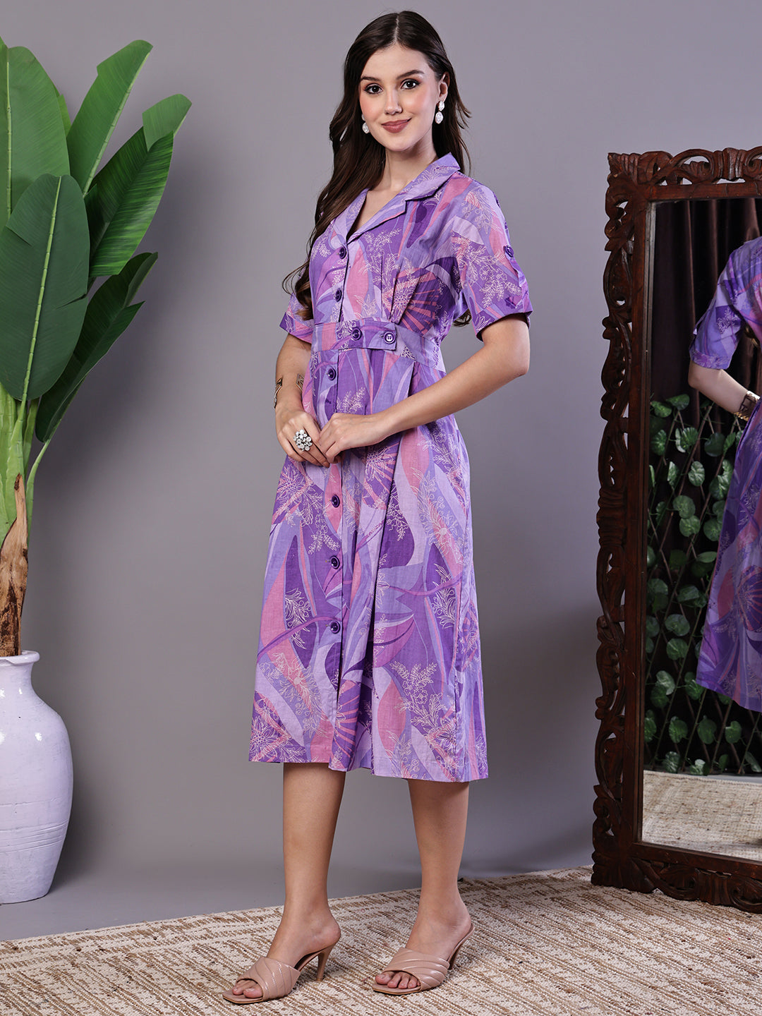Aawari Purple Abstract Print Cotton Shirt Dress - Midi Dresses / Western Wear / Dresses