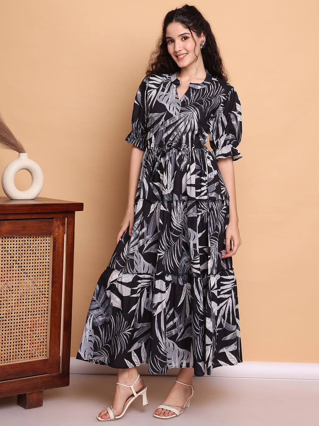 Aawari Women’s Black & White Leaf Print Maxi Dresses - Stylish Long Dress for casual & Party Wear Dresses / Western Wear