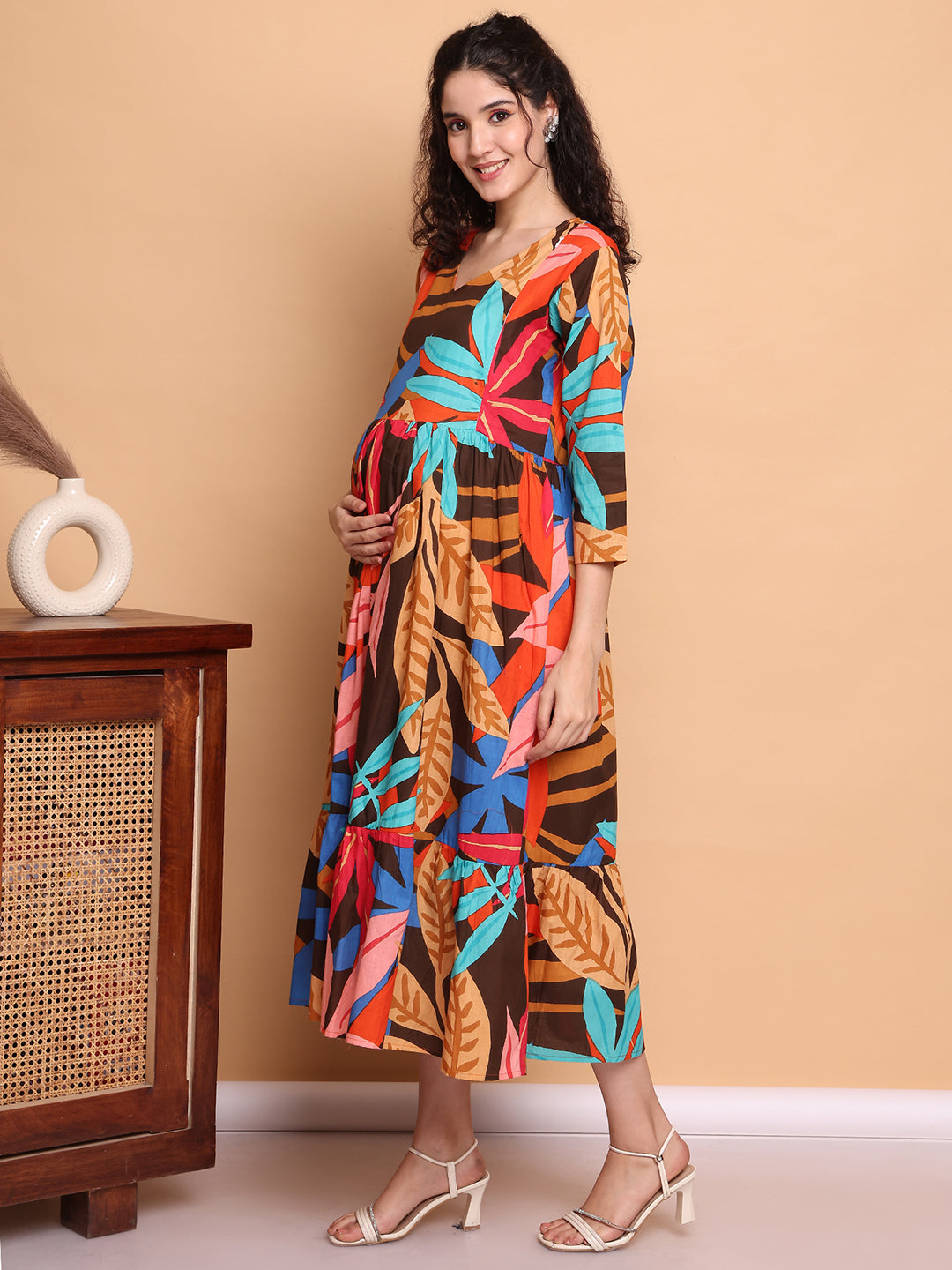 Aawari Brown Multicolor Leaf Print Cotton Maternity Dresses with 3/4 Sleeves