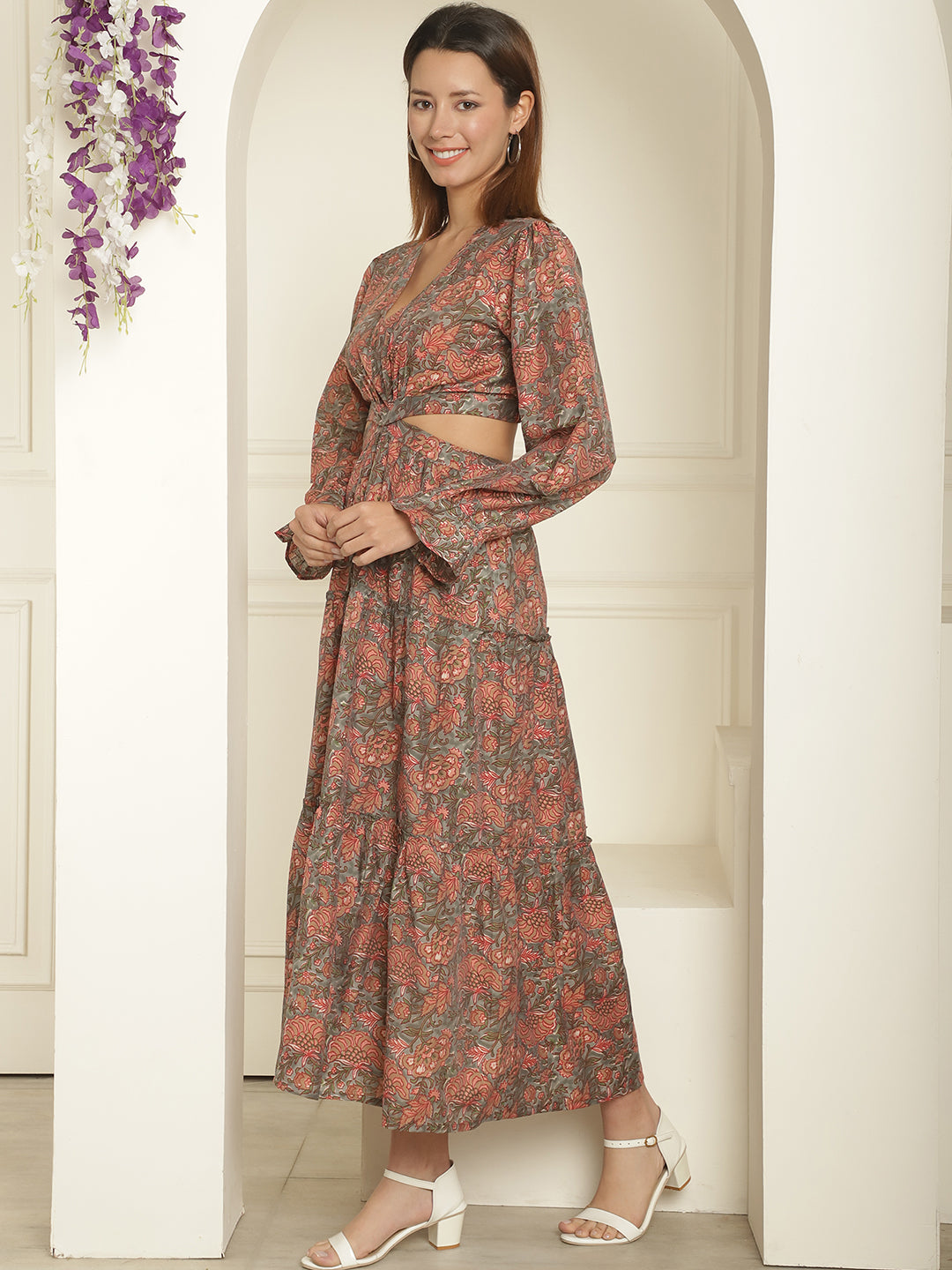 Aawari Floral Print Waist Cut-Out Maxi Dresses / Western Wear